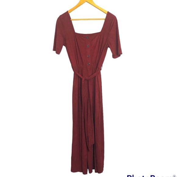 Pool Pants - Pool Jumpsuit Maroon Medium Faux Suede Velvet Feel Flare Tie Waist Faux Buttons